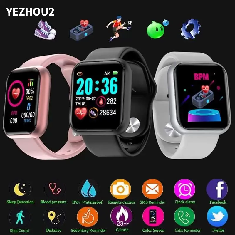 Yezhou2 Y68 D20 Smartwatch Fitness Armband Blodtryck Hjärtfrekvensmonitor Pedometer Cardio Armband Män Kvinnor SMART Titta på iOS Android