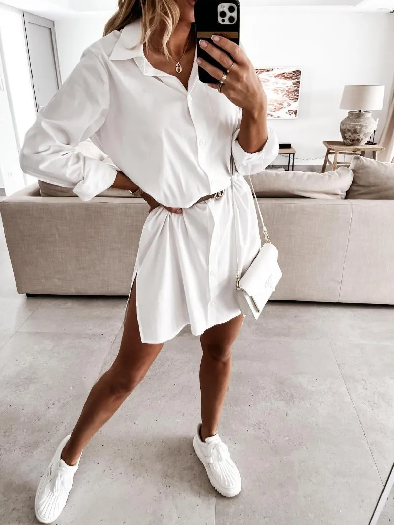 Casual Dresses LFRVZ 2023 Autumn White Sweet Chiffon Office Lady Open Stitch Shirt Dress Full Sleeve Women Straight Short