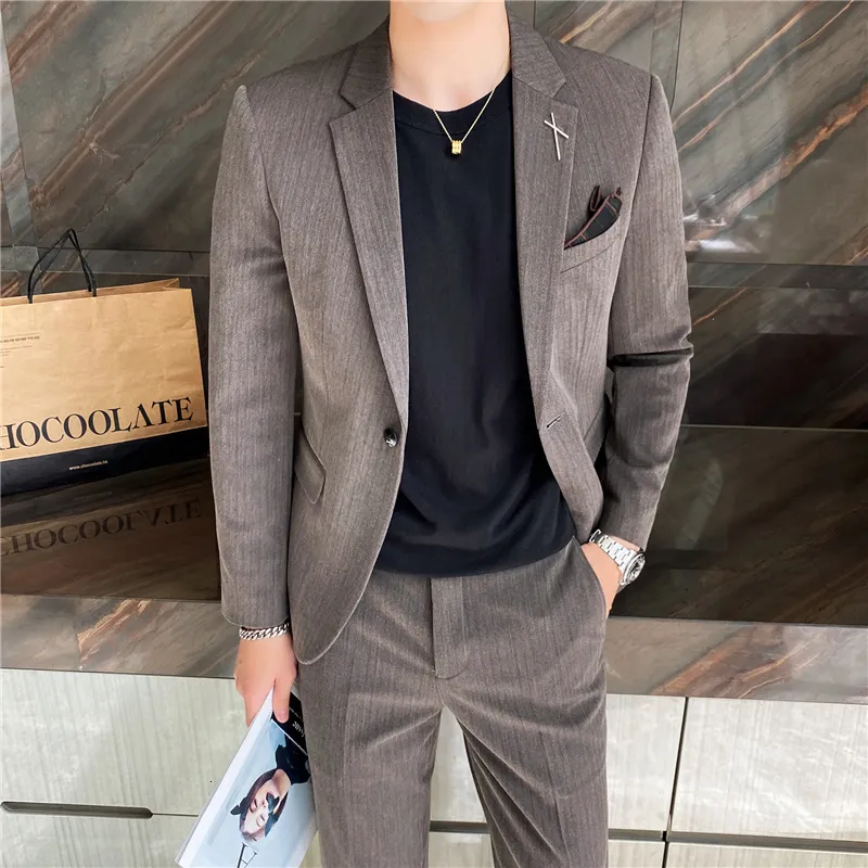 Herrenanzüge, Blazer, Jacken, Hosen, Markenkleidung, Business-Blazer aus hochwertiger Baumwolle für Herren/Slim-Fit-Baumwolle für Herren, zwei Anzüge/gestreiftes Bräutigamkleid 230303