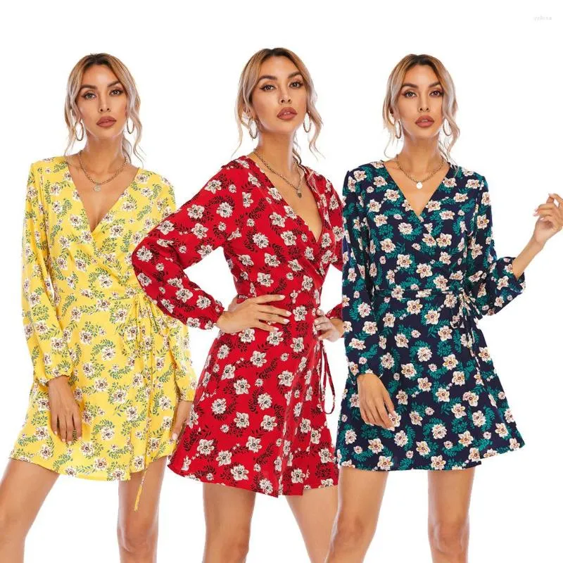 Casual jurken lente v-neck veter wrap jurk hoge taille bloemen pauze strand