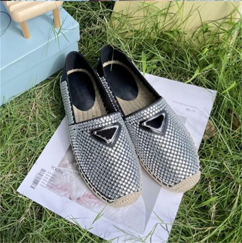 Designer Donna Paglia Appartamenti Triangolo Tela Scarpe da pescatore Estate Donna Scarpe da spiaggia piatte Moda Mocassini Scarpe casual Scarpe con strass Taglia Eur35-41