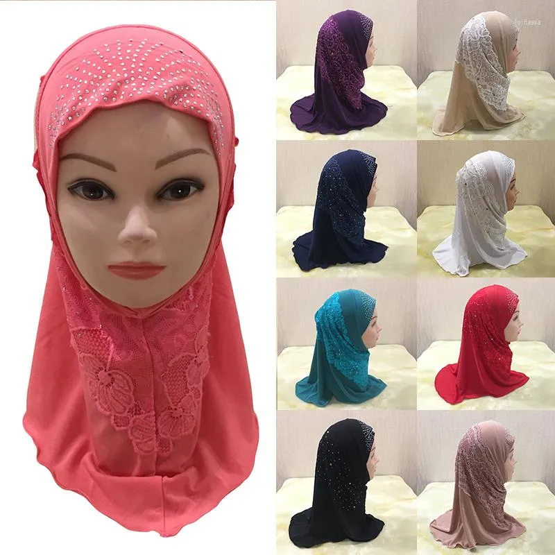 Vêtements ethniques Filles Musulmanes Hijab Écharpe Islamique Enfants Strass Dentelle Plaine Turban Headwrap Châle Élastique Mignon Enfant Burqa Pour 2-7 Ans