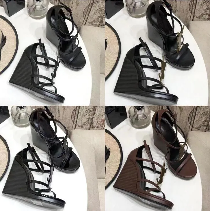 Marcas de luxo Summer Pop Papo Women Wedges Sandal Tribute Leather Wedge Sandals Sandals Black Nude Brown Genuíno Top Luxo Couro 35-43