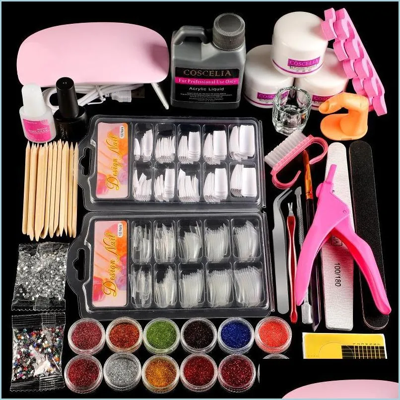 Kits de arte de uñas Kit de acrílico con lámpara Uv Led Fl Juego de herramientas de manicura Polvo Líquido Brillo Todo para la entrega de gotas Salud Belleza Dhe9V