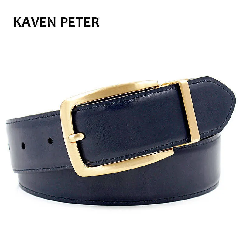 Bälten Luxury Gold Reversible Mid midjebälten Verkliga läder Solid mässing Mäns bälte Pure mässing Belt reversibelt spännefri frakt Z0228