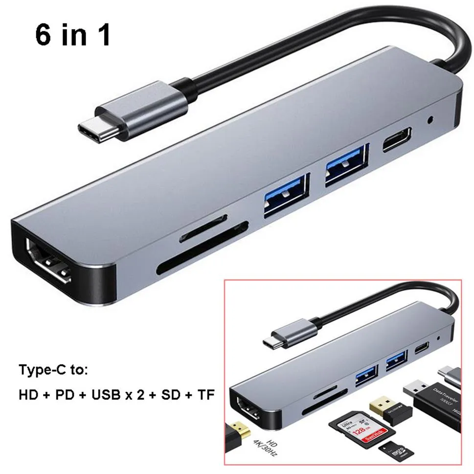 6 In 1 USB Hubs Type C To HD High Definition Adapter Multiport