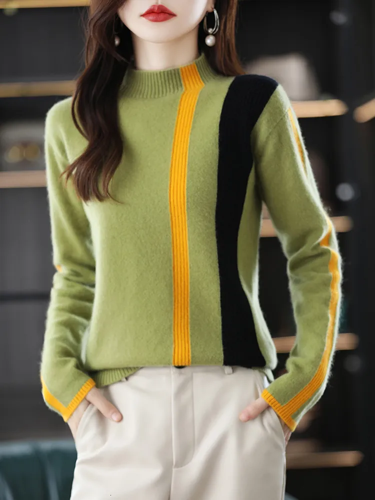 Kadın Sweaters Sonbahar ve Kış Kadın Yarım Yavuz Belktlenek Dikey Şeritler Colorblock Kükredilmiş Külot% 100 Merino Yün Sweater Sıradan 230303