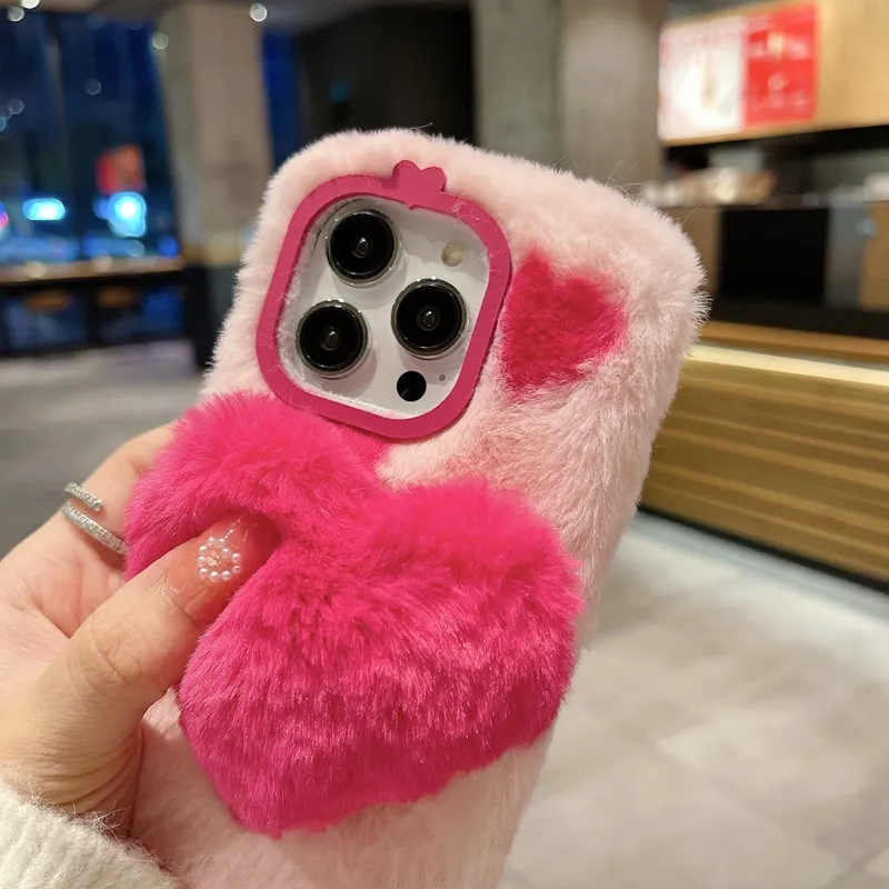 3D Amour Coeur Fluffy Fourrure Cas Pour Iphone 14 Pro Max 13 12 11 XR XS X 8 7 Plus Mode Doux TPU Animal Arc Bowknot Véritable Cheveux De Lapin Mignon Belle Téléphone Couverture Arrière De La Peau