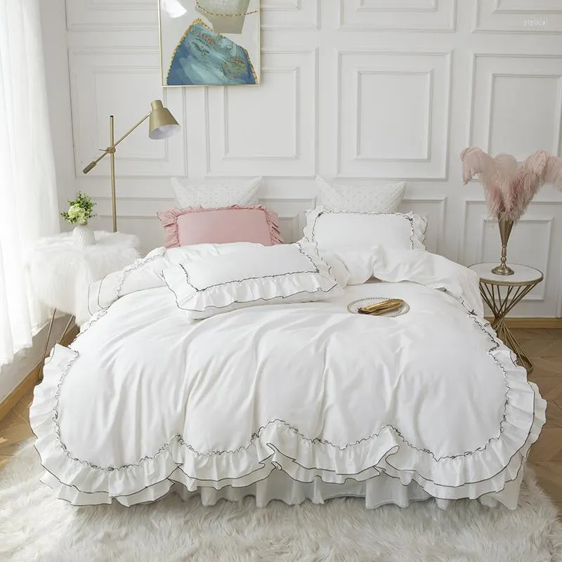 Yatak takımları beyaz çift katmanlı fırfırlar yorgan kapağı seti pamuk lüks prenses Kore tarzı yatak kafesi yatak etek yastık kılıfları