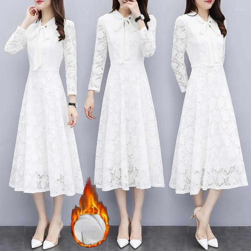 Sukienki swobodne koronkowa biała sukienka w szyku w dekolcie elastyczna talia stała kolorowy wiosenny wiosenny vestidos szatę femme długi rękaw 2023 Kobiety e312