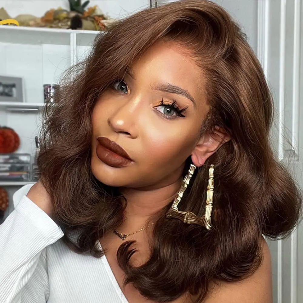 Hd transparent lace chocolate brown lace front wig cooper red orange fashion colored wavy bob short human hair wig pre plucked 150% density full natural looking