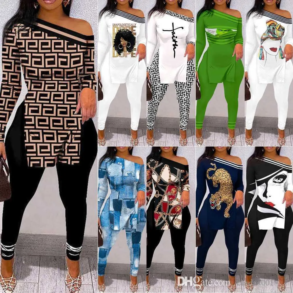 Femmes Leggings Survêtements Automne Et Hiver Lettre Imprimé Deux Pièces Pantalons Ensembles Assortis Tenues Personnaliser Split T Shirt