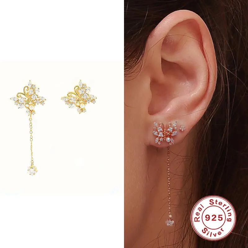 Boucles d'oreilles Aide 925 Sterling Silver White Zircon CZ Papillon Dépareillées Pour Femmes Délicat Longue Chaîne Gland Boucles D'oreilles JewelryStud