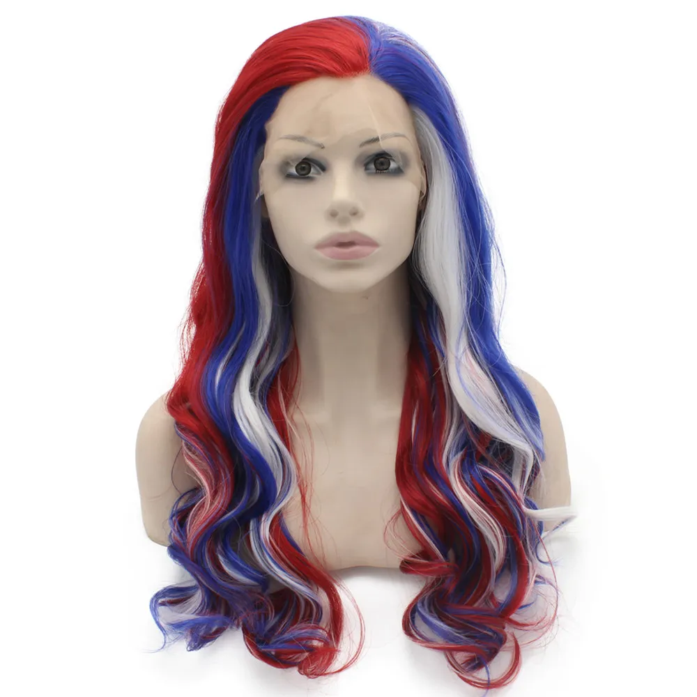 Lange wellige Perücke blau rot weiß hitzefreundlich synthetische Haarspitze Front Perücke Cosplay Party