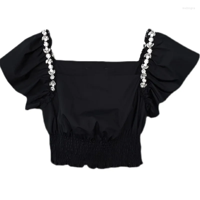 T-shirts pour femmes Un chemisier noir court Diamants Femme Plis Show Puff Sleeve Top Femmes Mode