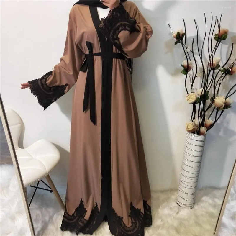 Abbigliamento etnico Abaya Donne musulmane Abito con scollo a V Abito con lacci Cardigan con giunture in pizzo Islamico Dubai Arabo Turchia Abiti femminili