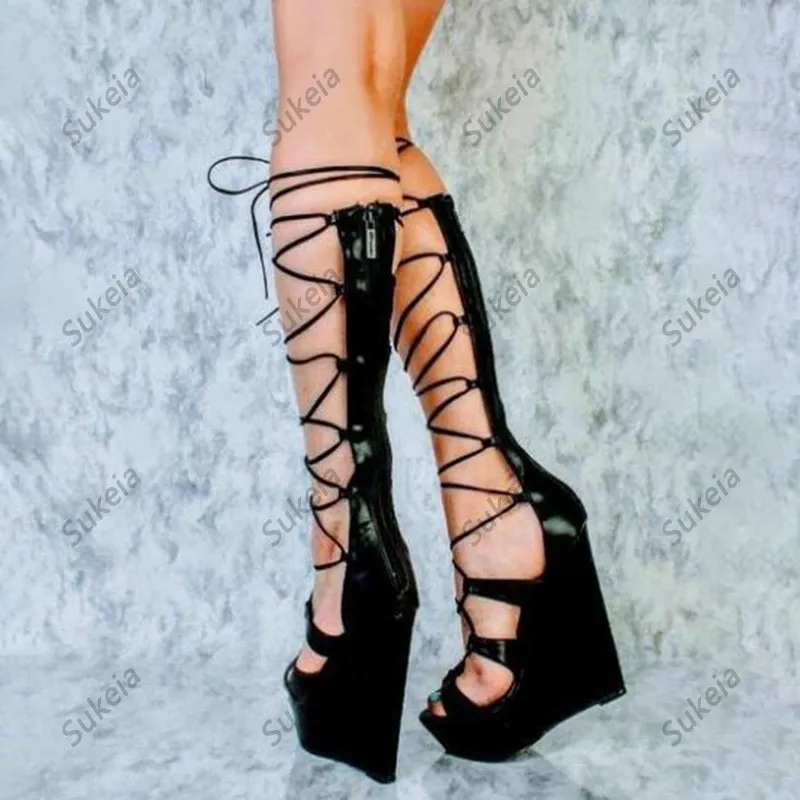 Sukeia feita artesanal plataforma feminina Gladiator Sandals Wedges Heels Round Toe Toe Sapatos casuais pretos PLUS TAMANHO 5-20