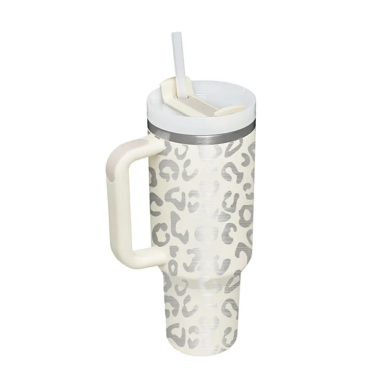 40oz Leopard Tumbler With Handle and Straw Reusable Insulated Coffee Cup Stainless Steel Travel Tumbler Big Capacity Water Bottle Cups 1200ml via UPS FedEx Shipping
