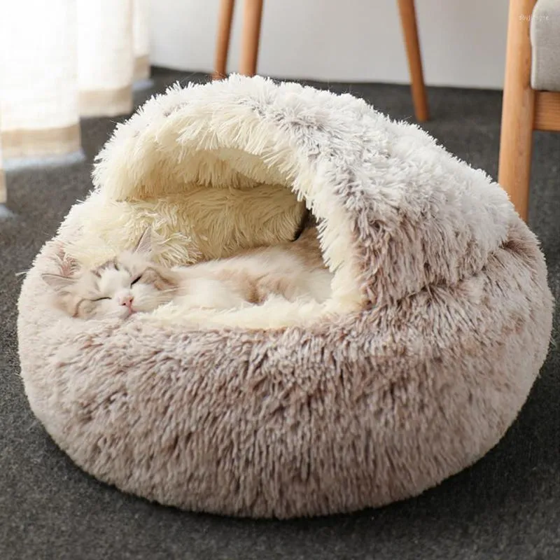 Kattenbedden rond huis zachte lang pluche huisdier hondenbed honden mand producten kussen warm 2 in 1 mat puppy slaapzak