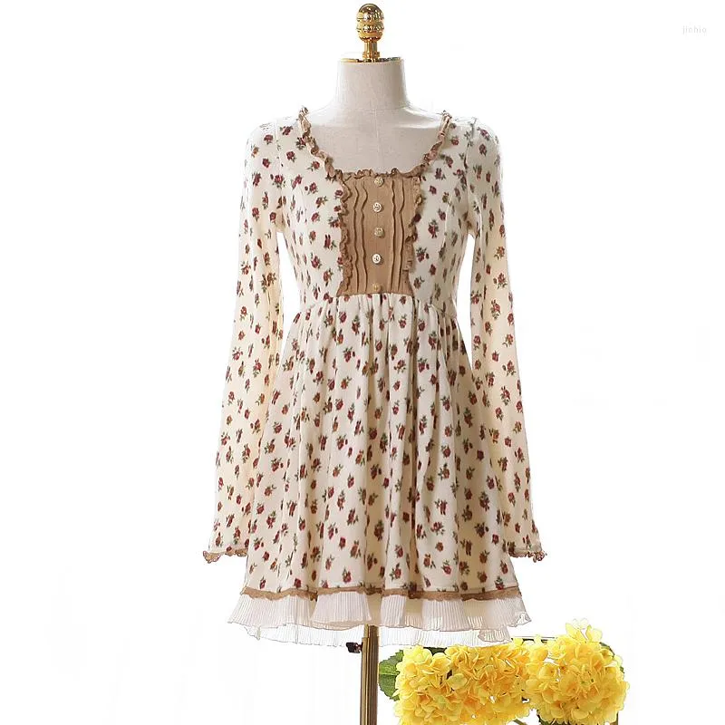 Casual Dresses Japanese Liz Lisa Winter Knitted Floral Printed Suede Lace Chiffon Crepe Edge Autumn Long Sleeve Dress