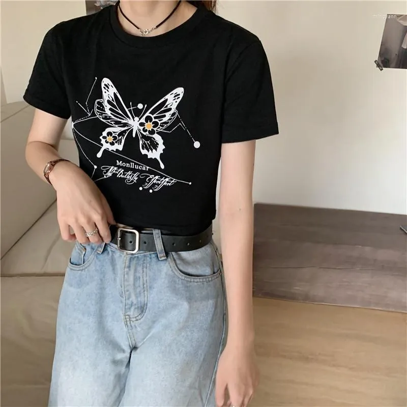 女性用Tシャツ夏の純粋な色ホルタークロップトップカジュアルセクシーな蝶刺繍ショートスリムシャツ