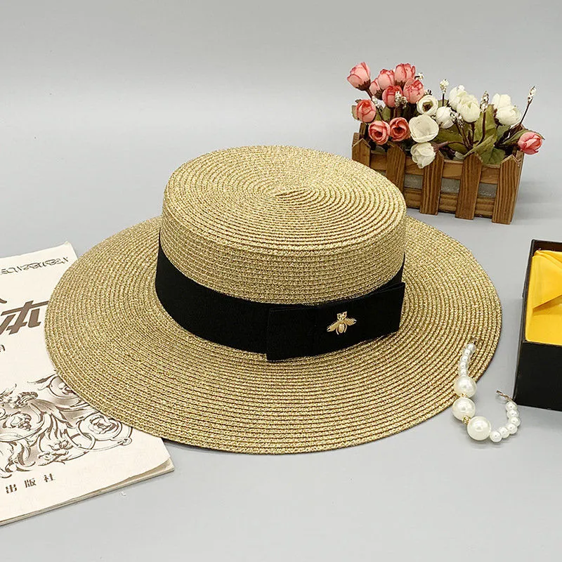 Factory Spring and Summer Retro Gold Knitted Little Bee Straw Hat Women's Sunscreen Travel Golden Straw Flat Top Hat