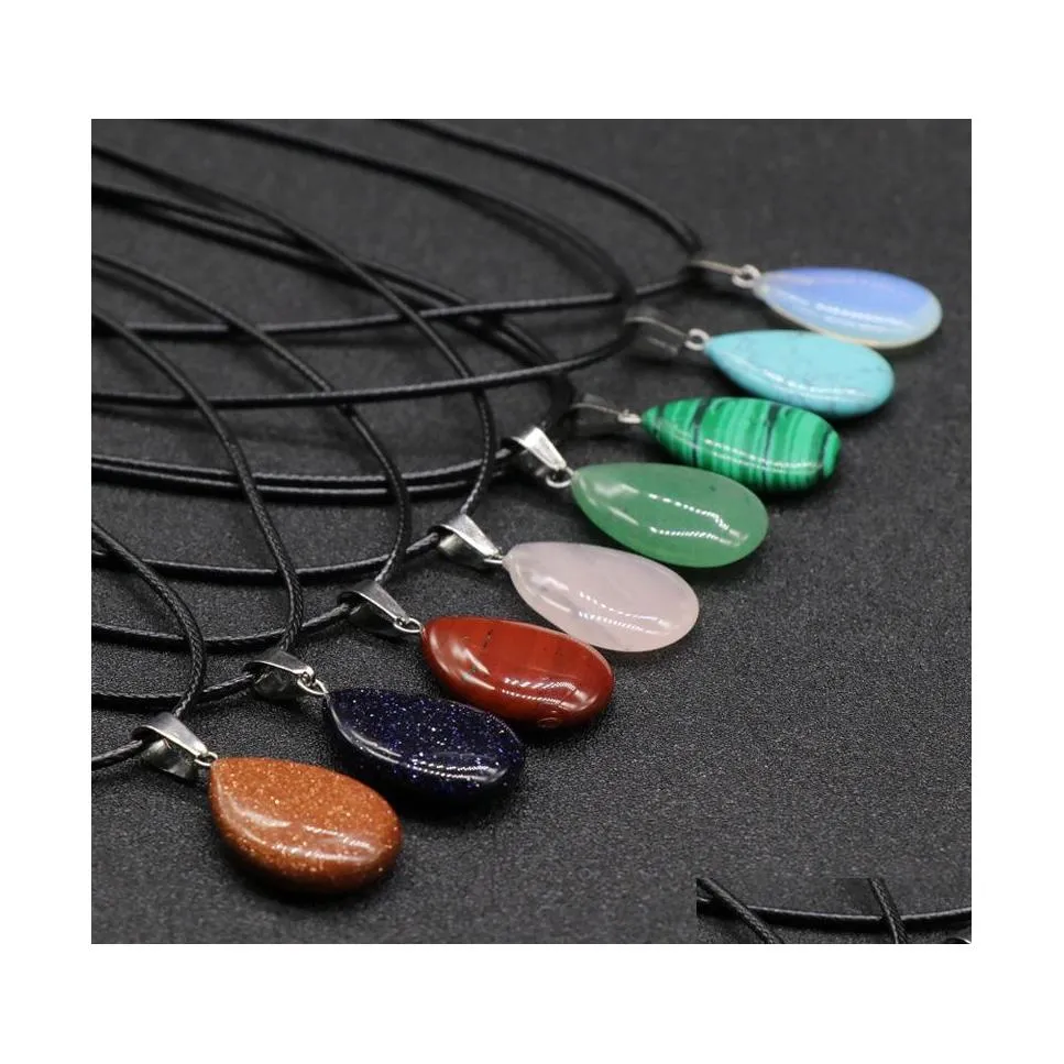 Pendant Necklaces Flat Stone Crystal Quartz Opal Teardrop Necklace Leather Chains For Men Women Fashion Jewelry Drop Delivery Pendant Dhyga