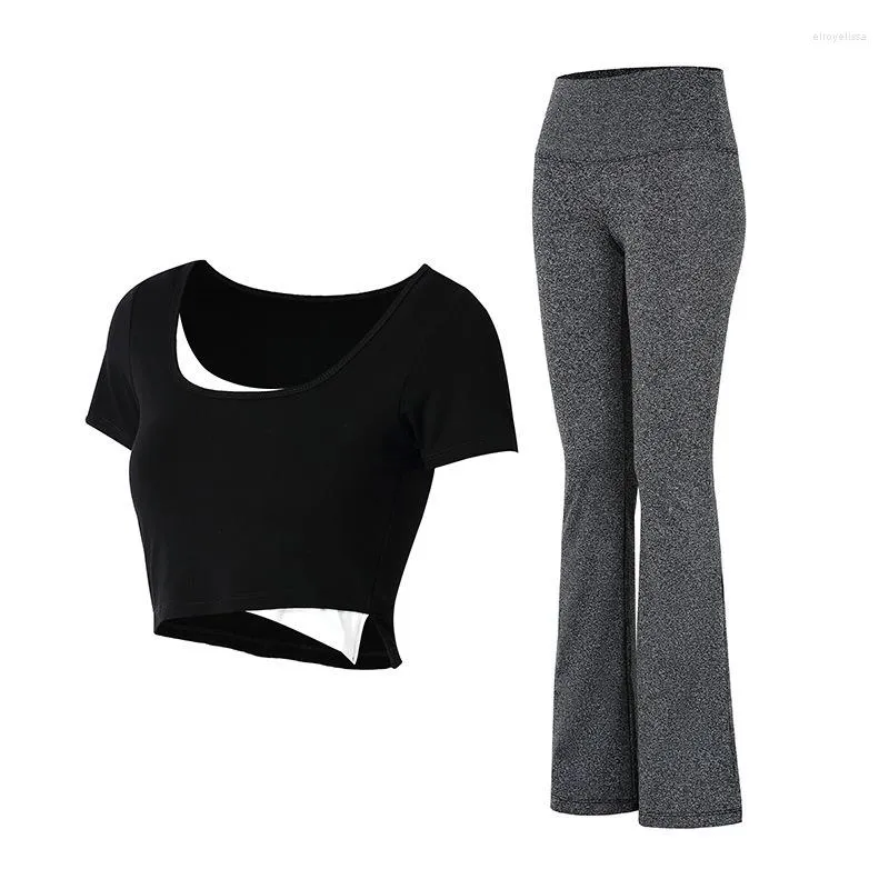 Actieve broek vrouw onregelmatige stiking fitness t-shirt korte mouwen top zelfcultivatie met hoge taille uitlopende yoga set 2023