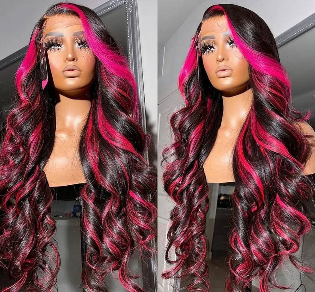 36inch Ombre Pink Color Body Wave Wig Human Hair Preucked13x4合成レースフロントウィッグは黒人女性のため