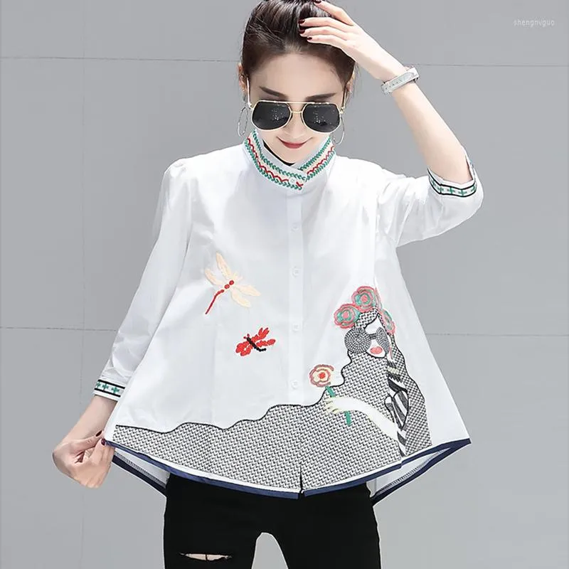 Women's Blouses Embroidery Women Blouse And Shirts 2023 Summer Design A-Line Cotton Office Lady Casual White Outwear Coat Tops
