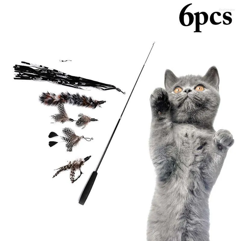 Cat Toys Kapmore 6Pcs/Set Funny Teaser Refill Toy Fake Feather Kitten Wand Replacement With Extendable Pole Pet Supplies Favors