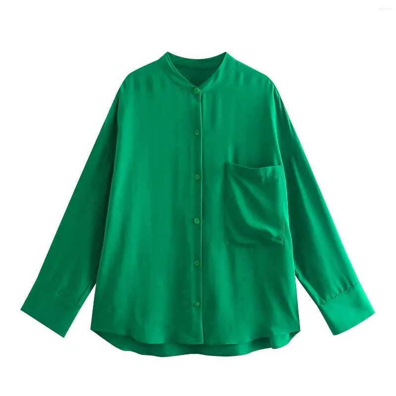 Kvinnors blusar gröna lösa skjortor sommar droppa axlar långärmad kvinnor knapp -up bröstficka casual skjorta kvinnliga toppar byxor -40