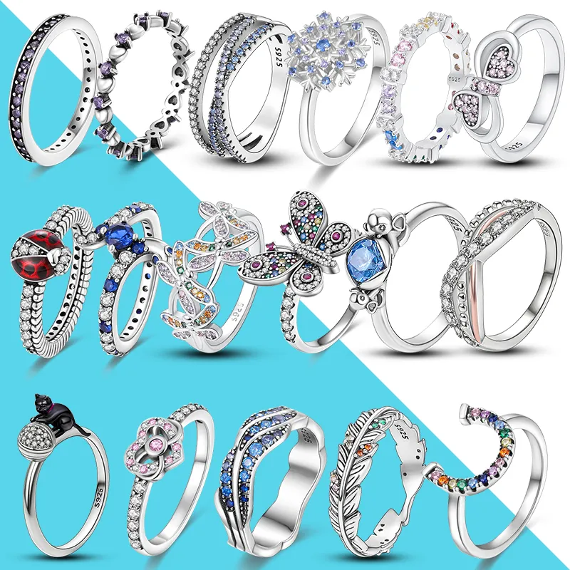 925 Silver Women Ring Original Heart Crown Fashion Rings Sparkling CZ Infinite Butterfly Ladybug Flower Cat