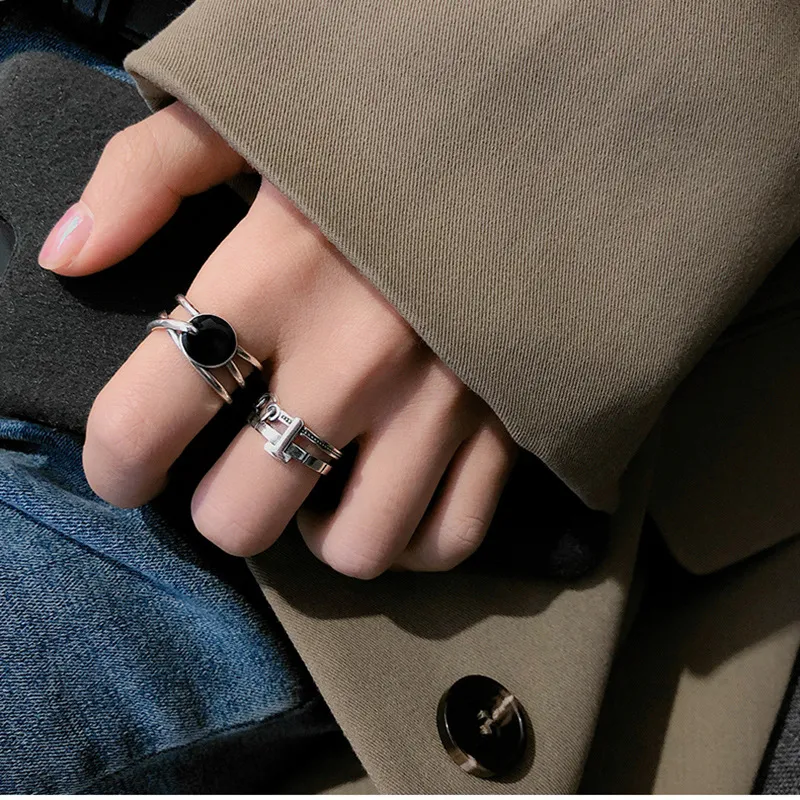 Sterling Silver Rings for Women Resizable Handmade Black Zircon Bague Femme Argent Accesorios Fina smycken