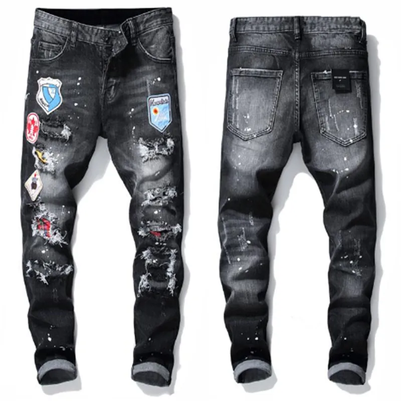 Fahion Deigner Herren Jean Badge Rip Stretch Schwarz Jeans Herren Fahion Slim Fit Wahed Motorrad Denim Hose getäfelt Hip Hop