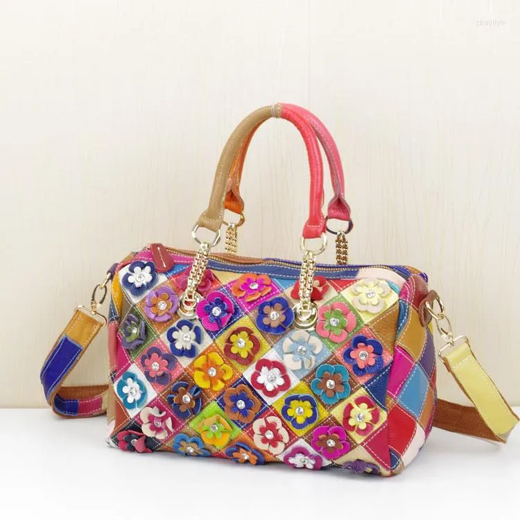 Sacs de soirée en cuir véritable femmes coloré aléatoire épissé sac à main décontracté épaule messager fleurs couture sac femme carré fourre-tout 297