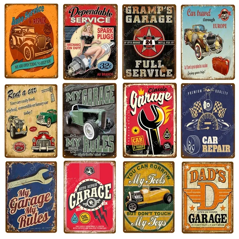 Papa's Garage rétro Tin Signs Car Repair Metal Poster Wall Art Decor Vintage Plaque décorative Mon garage Mes règles Mes outils Plaque en étain personnalisée Taille 30X20CM w02