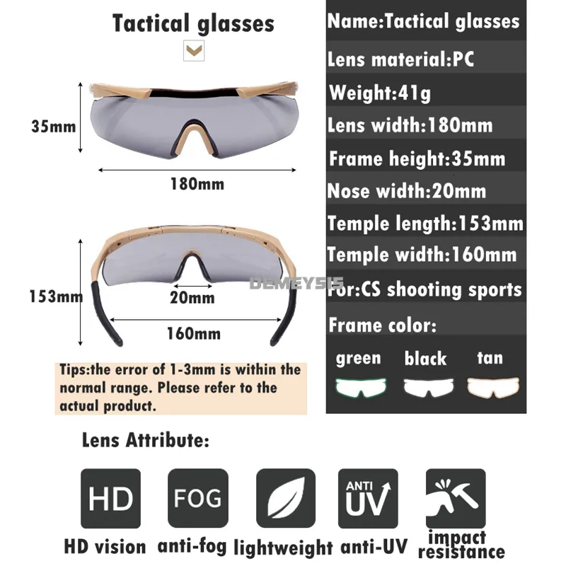 Military Goggles Bullet Proof 3 Lens Tactical Sunglasses For