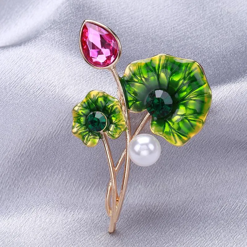 Brooches Lotus Leaf Rhinstone Brooch Pins Women Enamel Green Pearl Plant Party Wedding Bouquet DIY Jewelry Clothing Accesories
