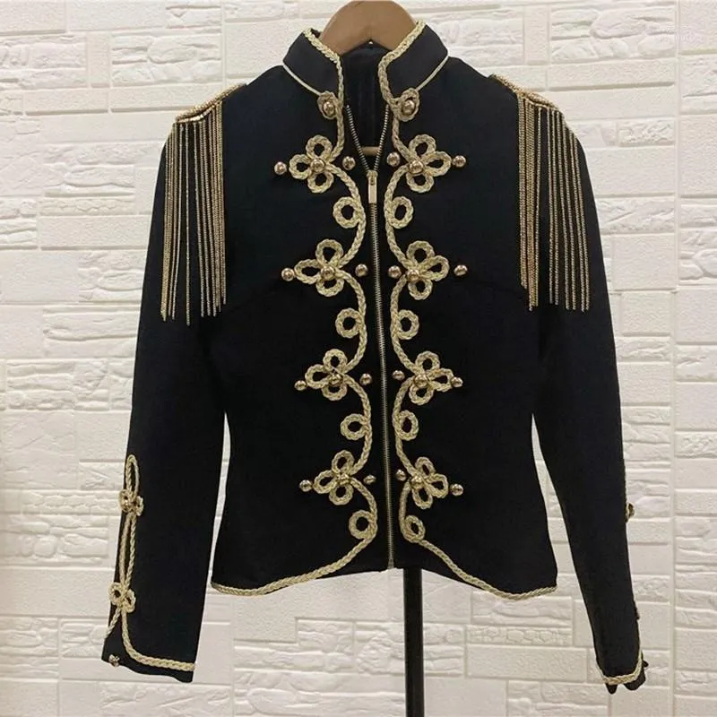 Kvinnors kostymer Hight Quality Luxury Beading Bandage Coat Black Long Sleeve Gold Ling Rayon Bandave Jacket Evening Party Dress