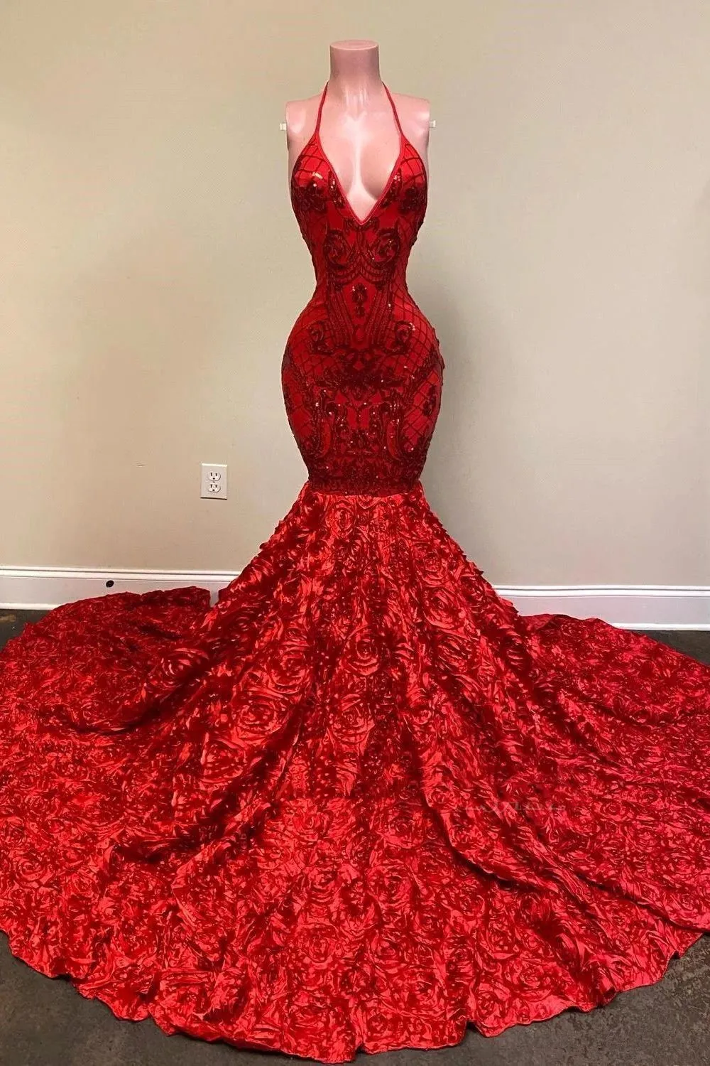 red halter evening dress Red Halter Sequins Long Prom Dress with Tassel – FancyVestido main image 0