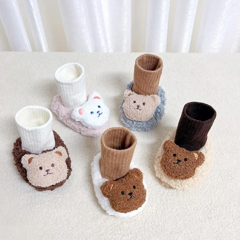 First Walkers Baby Sock Shoes Cartoon Bear Animal Winter Warm Stockings Plush Slippers Indoor Outdoor Toddler Boys Girls