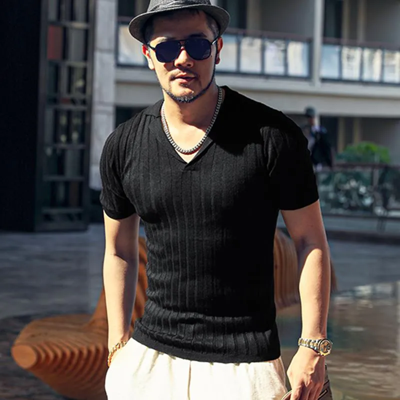 Men's Sweaters Small Lapel V-neck Design Vertical Texture Summer Stretch T-shirt Short Sleeve Sweater J6031Men's