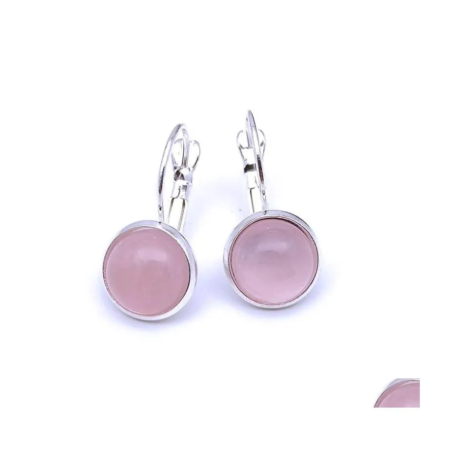 Charm Sier Plated 10mm Pink Rose Quartz Healing Crystal Charms örhängen Geometrisk natursten örhänge för kvinnor smycken droppe dhgeq