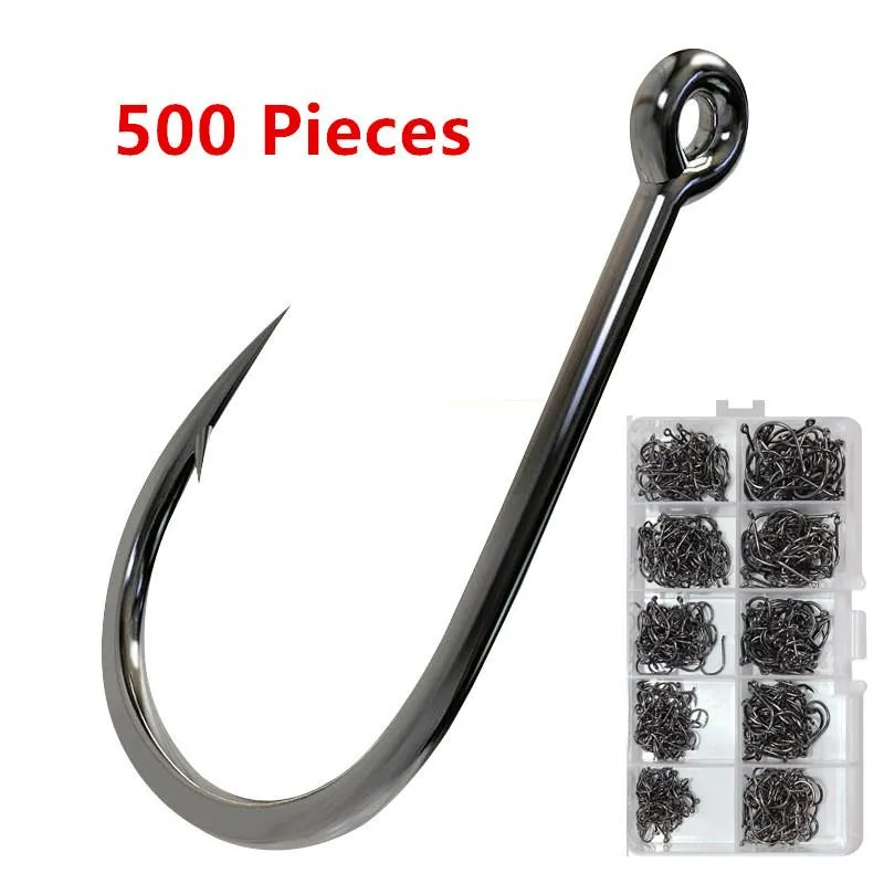 Hameçon de pêche, nez courbé, bord tranchant, ensemble de 500 pièces, nickel noir unique avec anneau, crochets barbelés