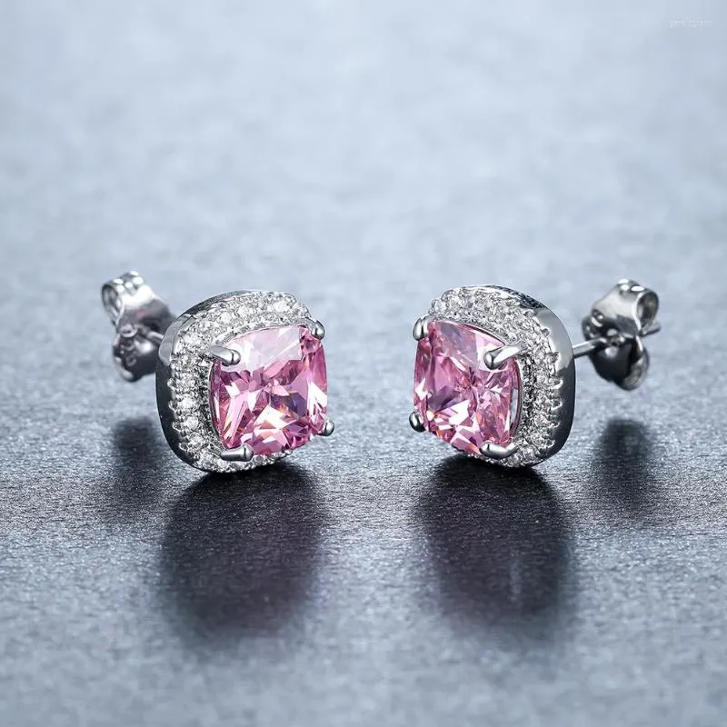 Orecchini a bottone di lusso femminile rosa pietra zircone quadrato moda argento colore gioielli da sposa vintage doppio per le donne