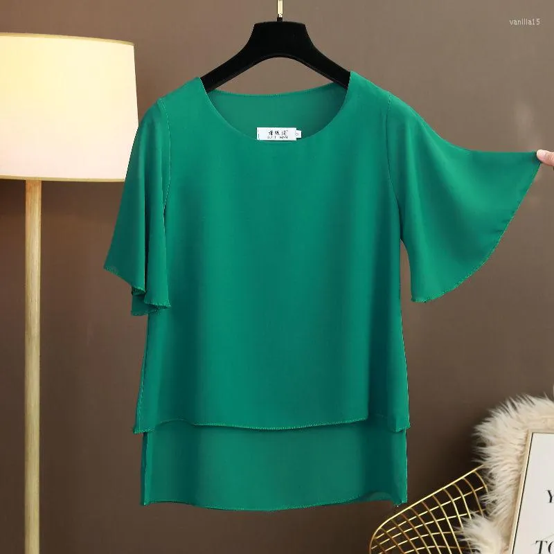 Kvinnors blusar 2023 Summer Women Chiffon Blus Lous O-Neck Solid Color Female Shirt Kort ärm toppar överdimensionerade skjortor Kvinnor