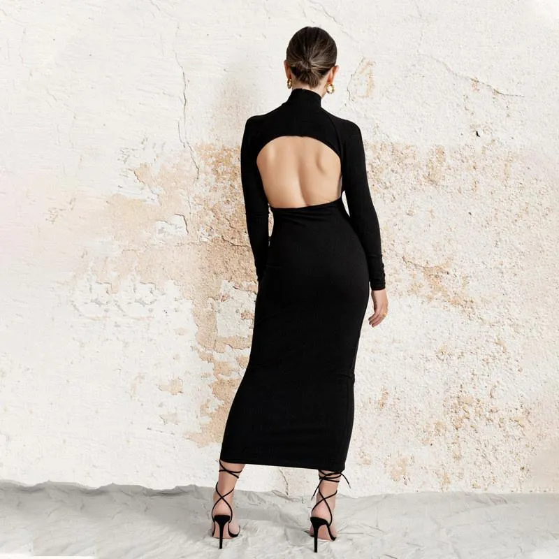 backless dress turtleneck Black Silk Backless Dress: Turtleneck Satin Event Gown