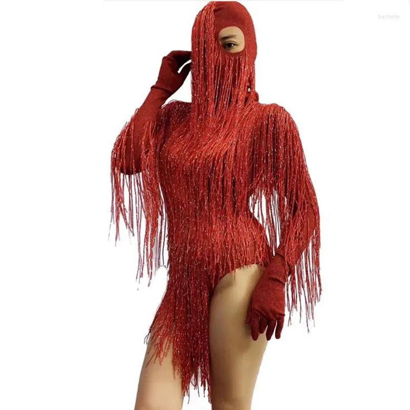 Stage Wear Red Full Fringe Long Sleeves Bodysuit Headdress Birthday Celebrate Dance Prom Tassel Dancer Evening Outfit