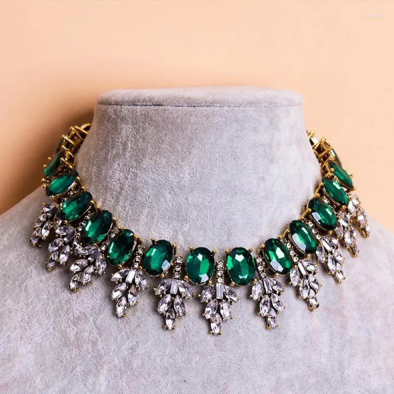 Choker Stonefans Oval Shape Green Crystal Necklace luxury Jewelry for Women Bridal Wedding Statement Leaf Rhinestone